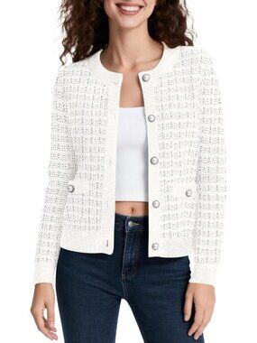 Women's White Long Sleeve Button Down Knit Cropped Casual Cardigan Sweater